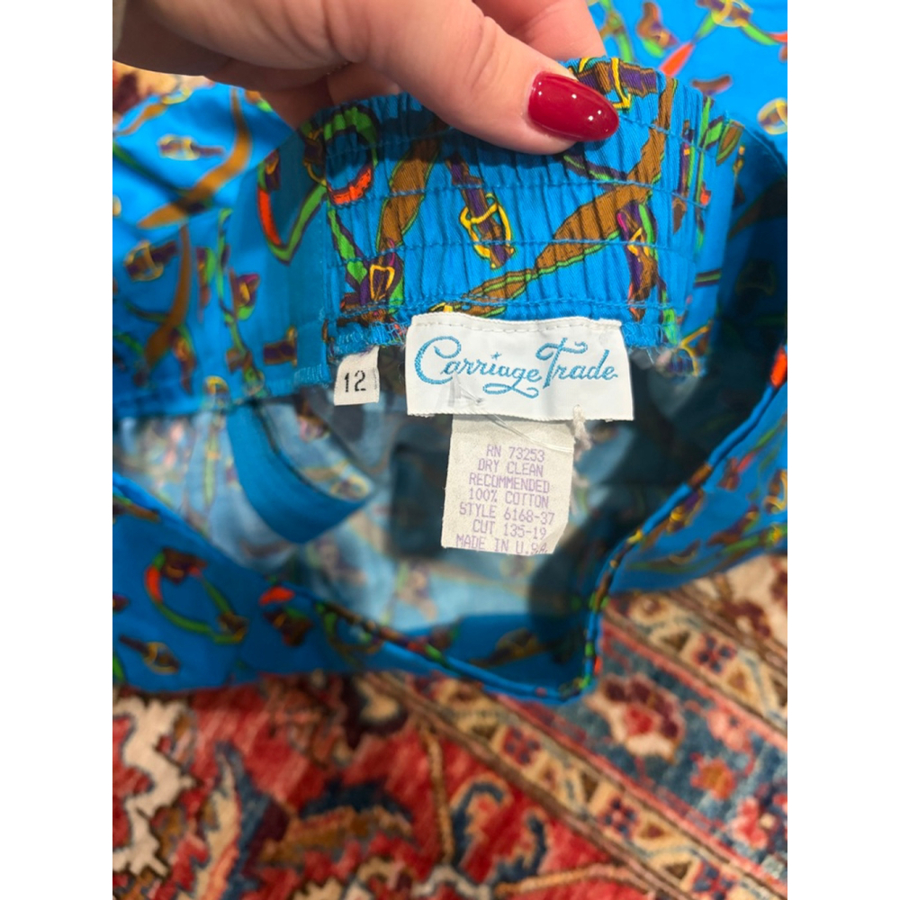 New Vintage USA Carriage Trade Blue Horse Equestrian Print Cotton Midi Skirt - Picture 2 of 7